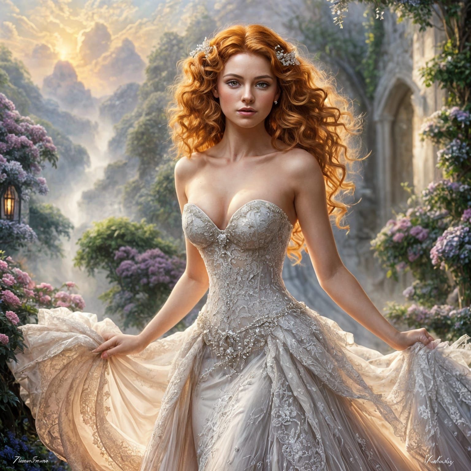 Ethereal Redhead in Wedding Dress, Hyperdetailed Fantasy Art
