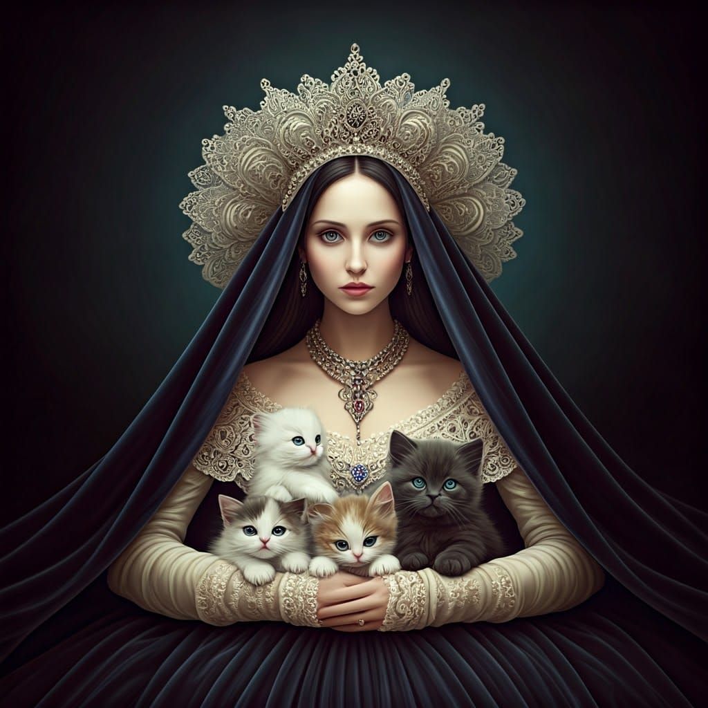 Whimsical Queen Surrounded by Baby Cats in Luxurious Velvet ...
