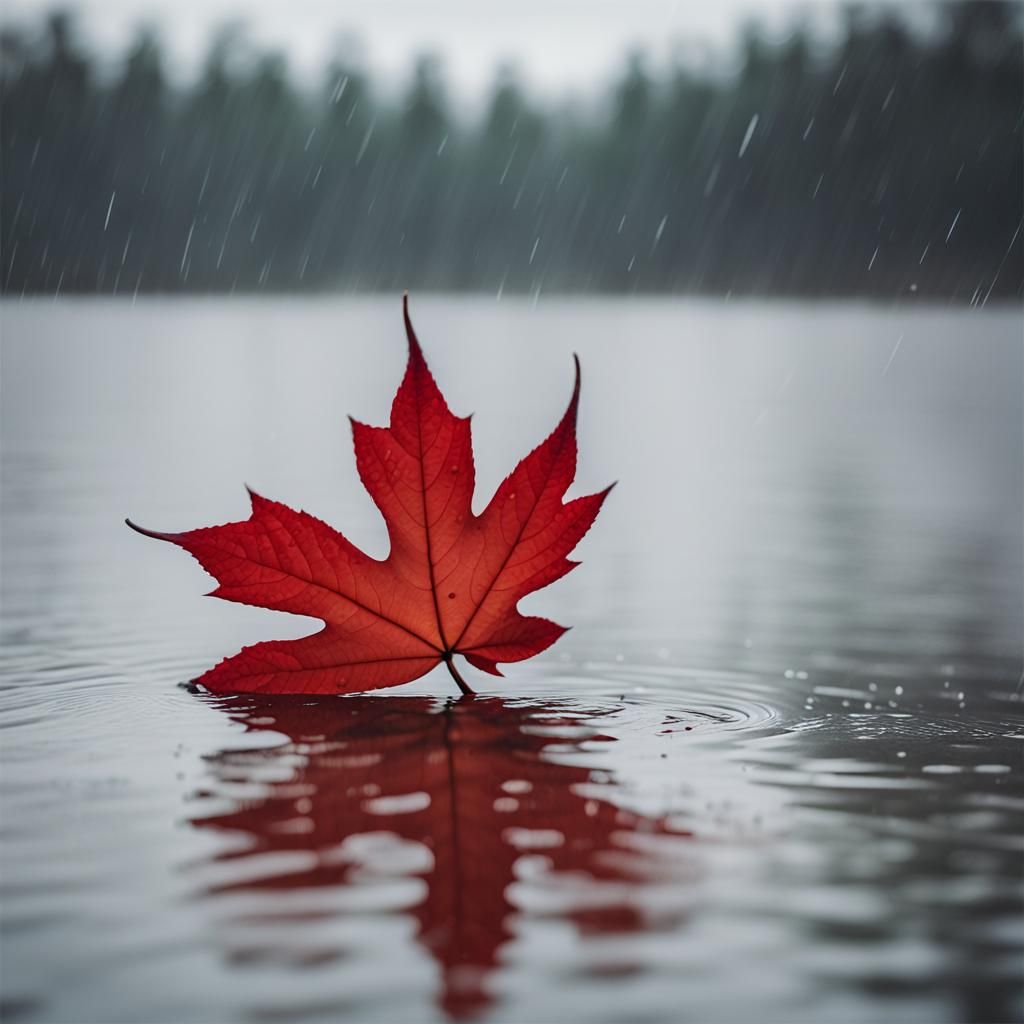 Red Maple Leaf Falls on Grey Lake