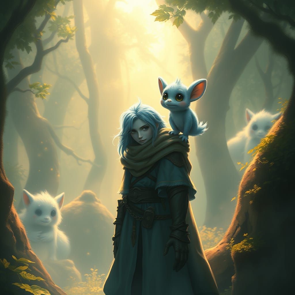Enchanted Blue Mage in Mystical Forest