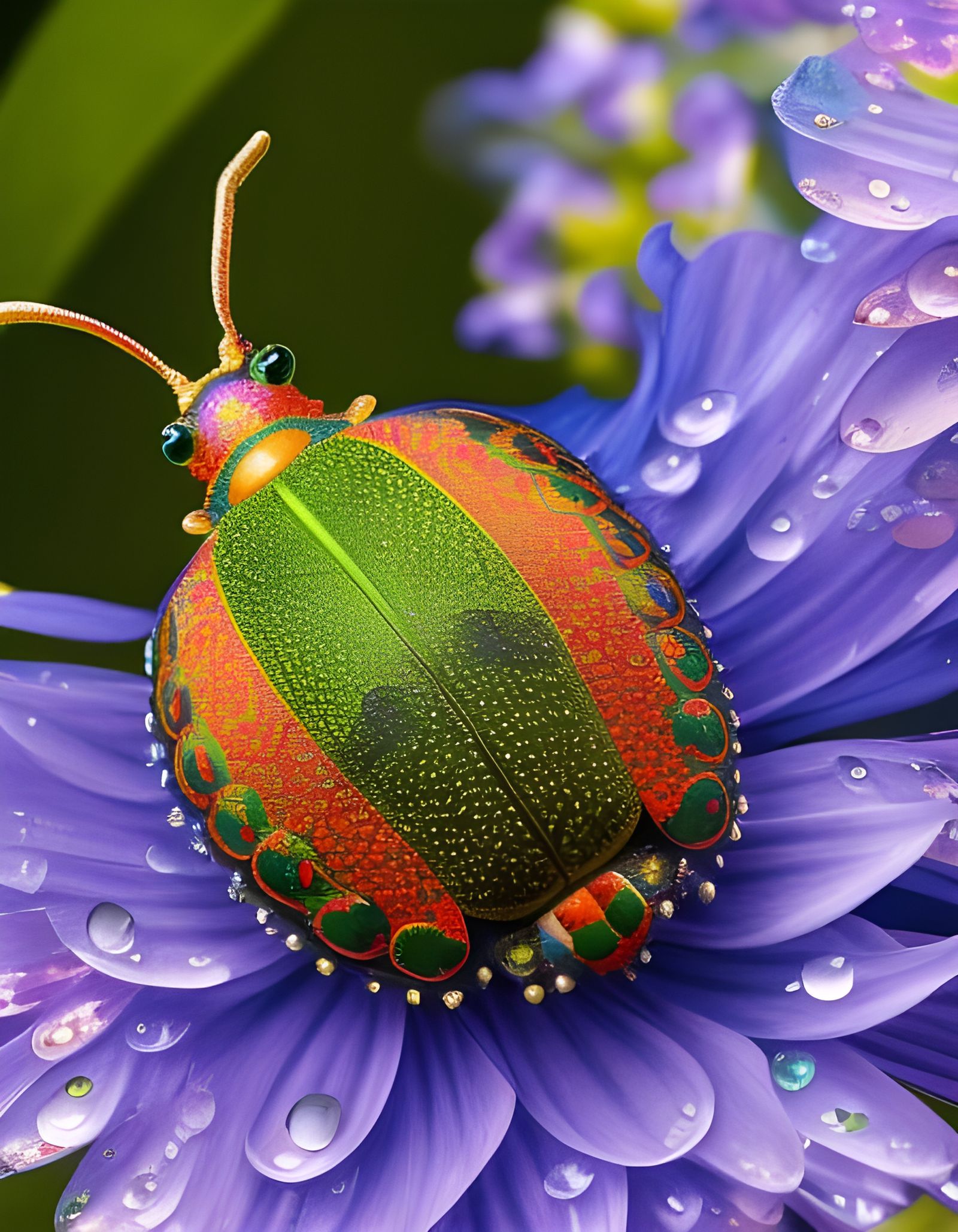 Whimsical Leaf Beetle on Flowers, Surrealist Style