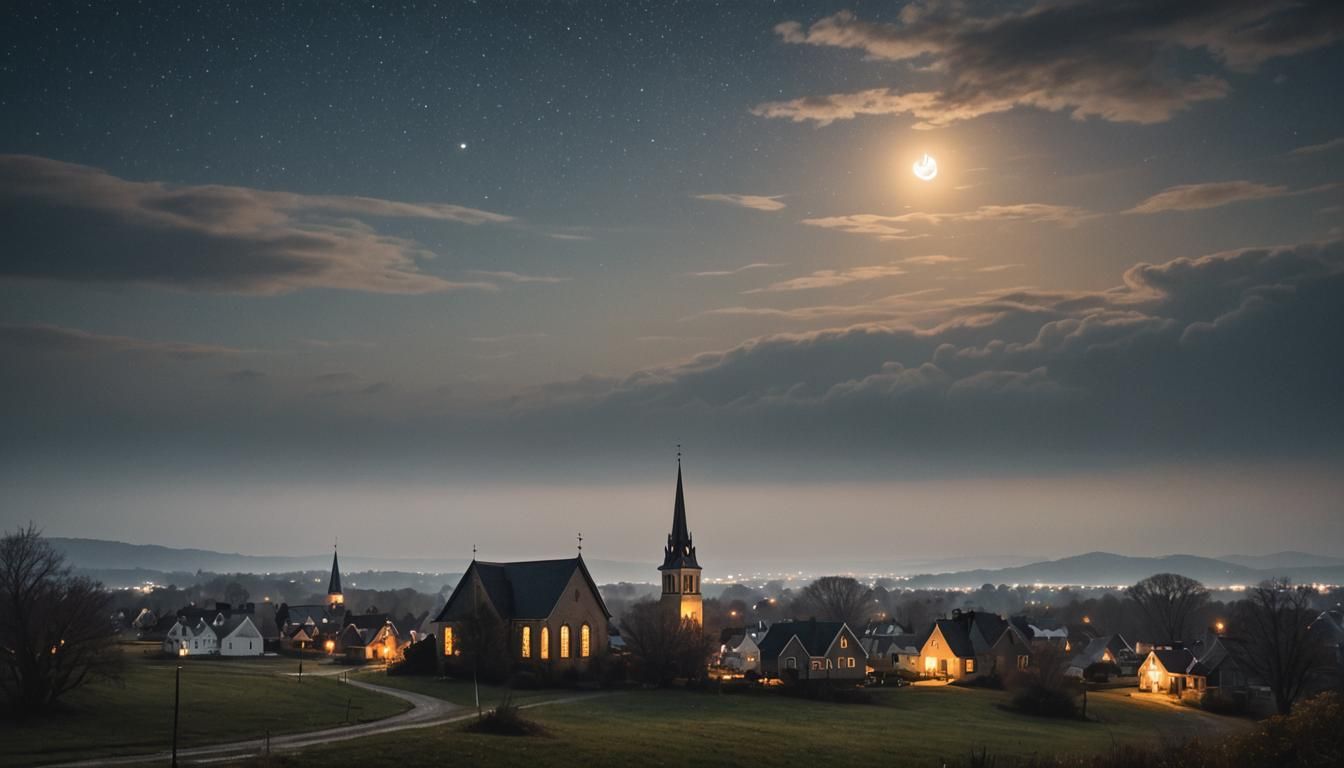 Village Under Starry Night Sky: Hudson River School