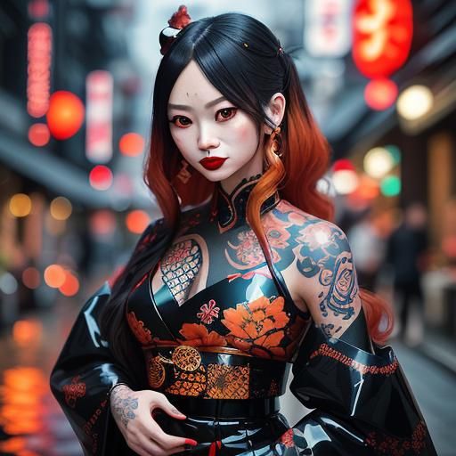 Oni Woman on Hibiya Street in Photorealistic Style