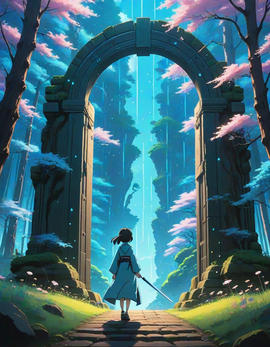 Bioluminescent Forest Portal in Anime Style