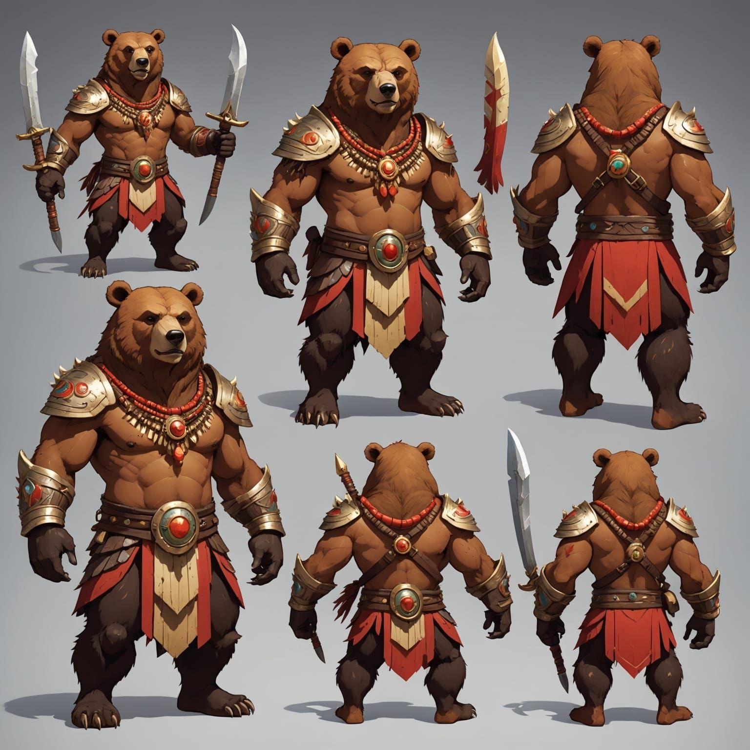 Fantasy Cartoon Bear Warrior in Dynamic Poses