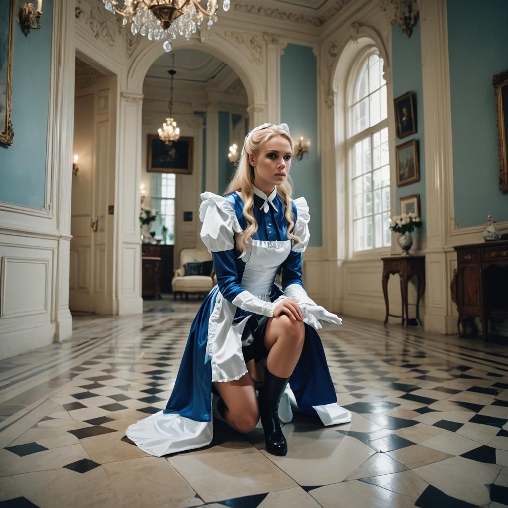 European Maid Kneeling in Mansion, Cinematic Still