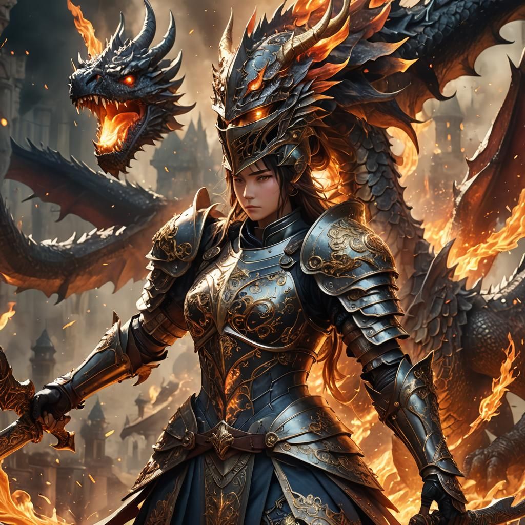 Anime Knight Battles Dragon in Fiery Inferno