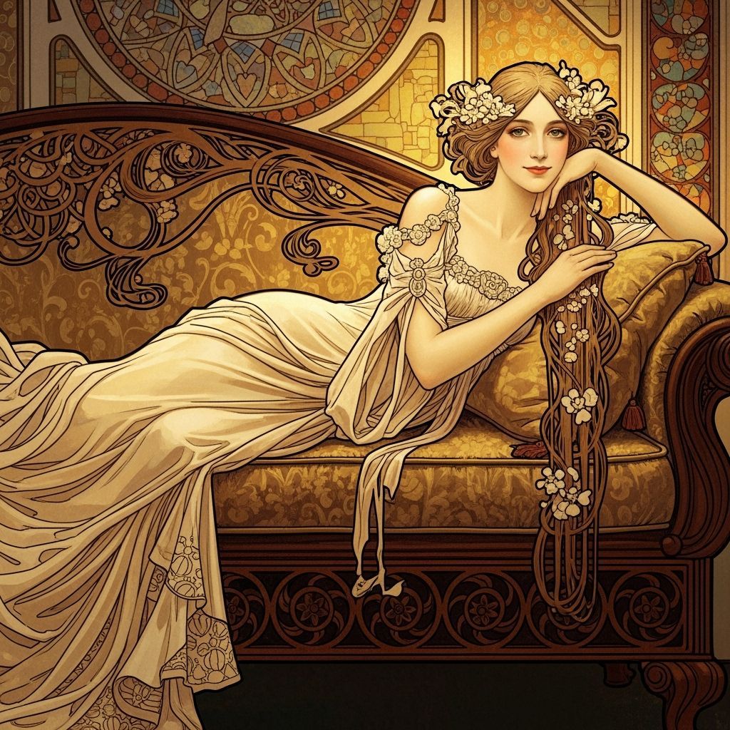 Elegant Woman on Couch in Art Nouveau Style