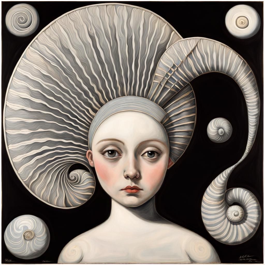 Gothic Moon Goddess with Seashell, Ink Print Style