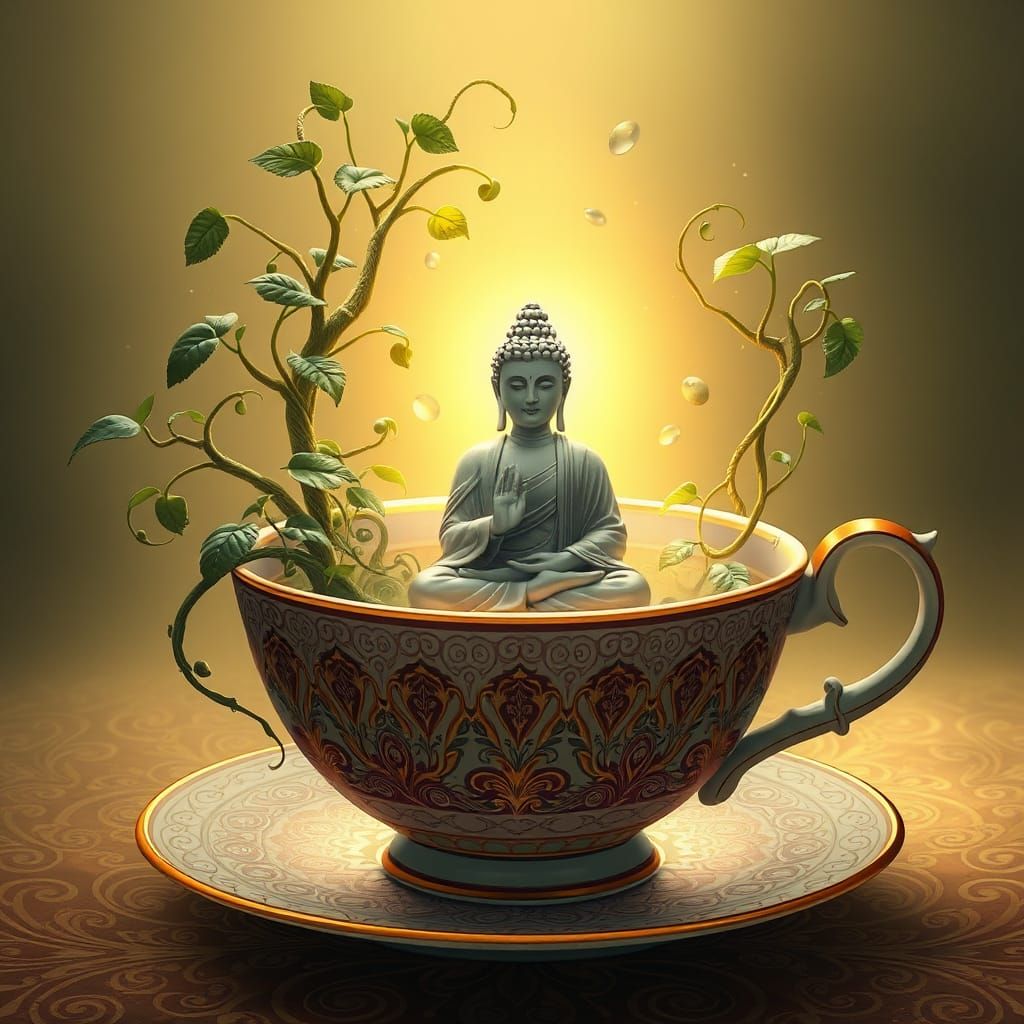 Buddha in Teacup with Indian Motifs