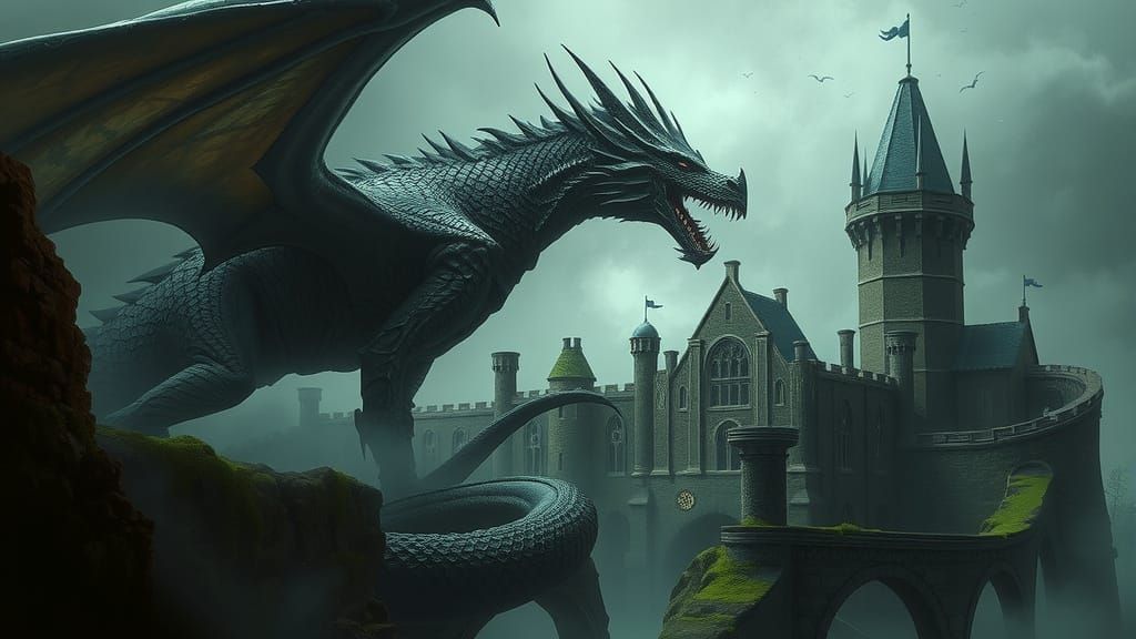 Colossal Obsidian Dragon Coiled Around Ancient Castle