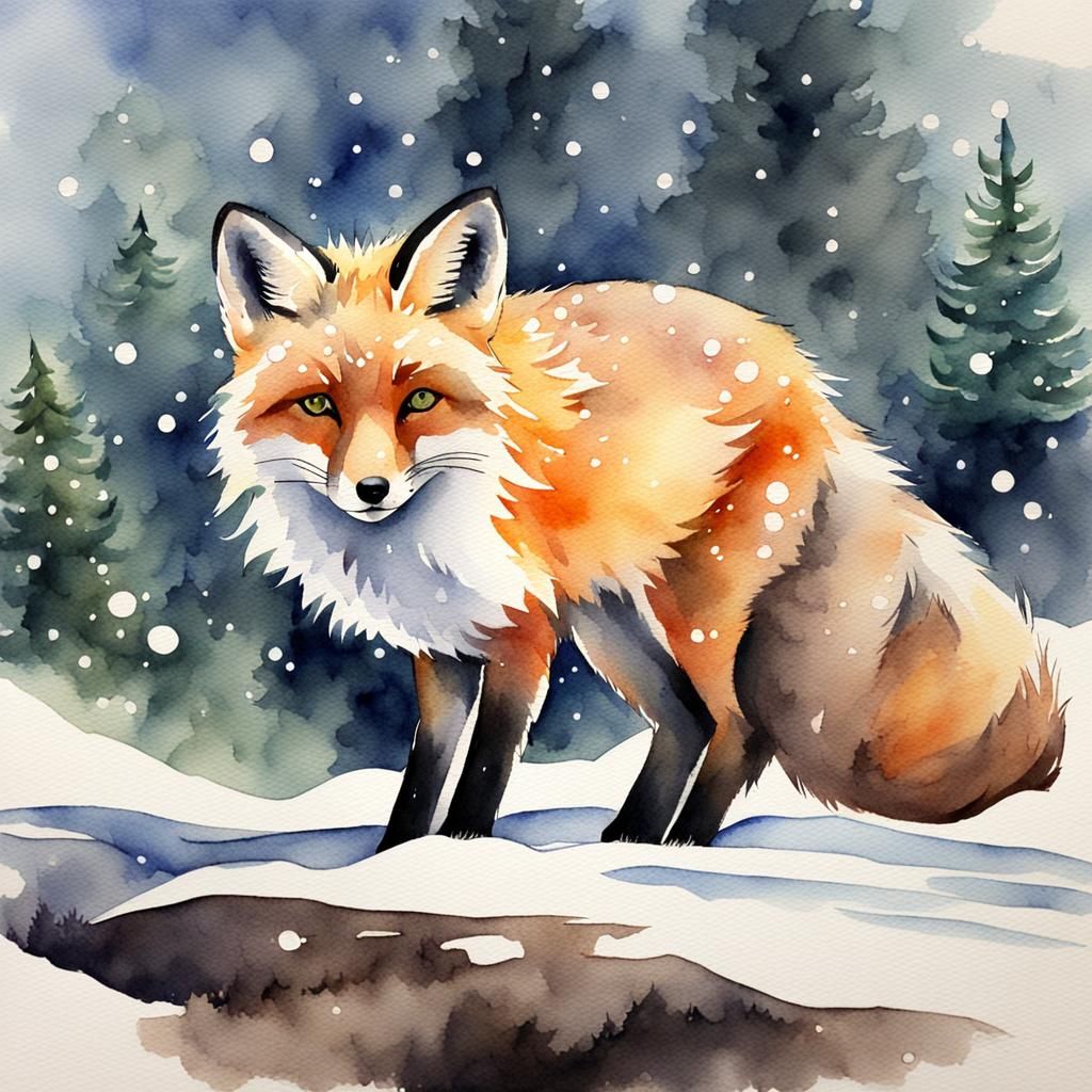 Watercolor Snow Fox in Winter Landscape