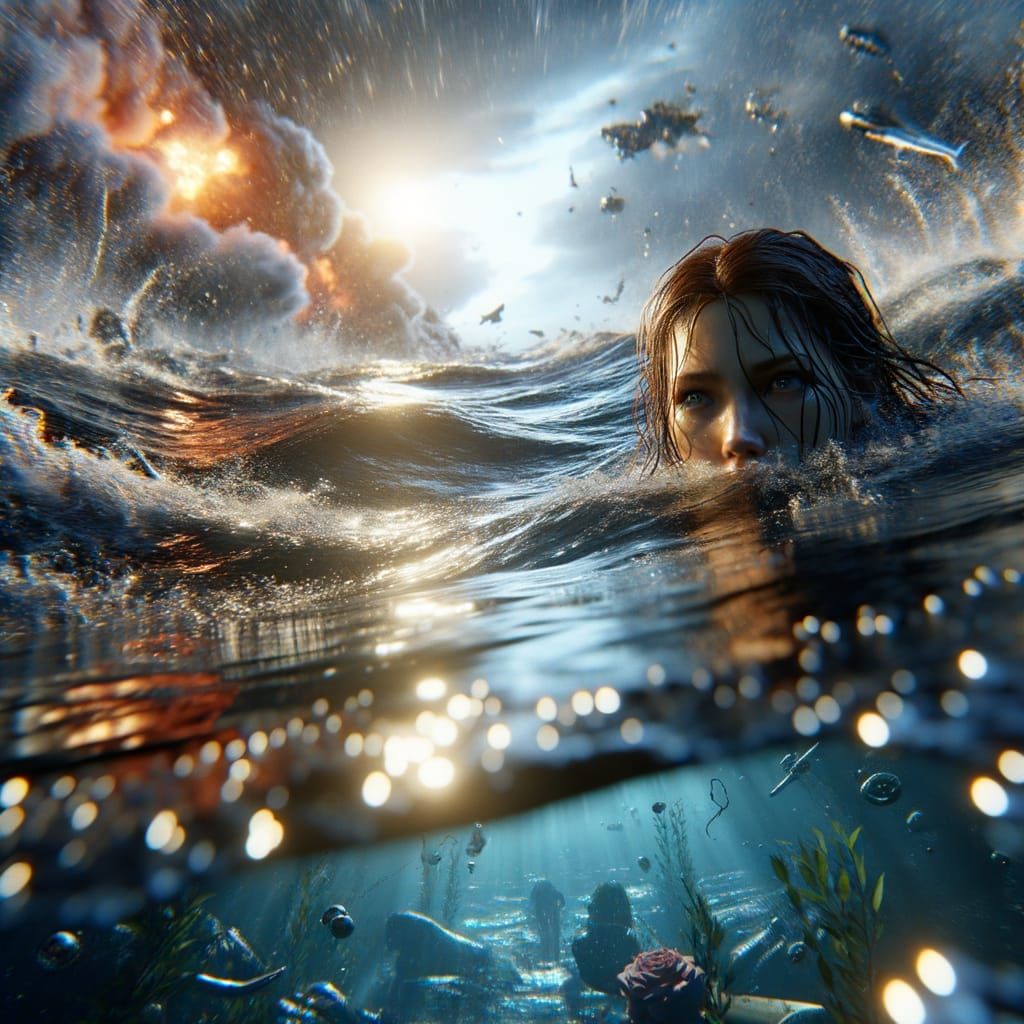 Young Girl Struggling in Turbulent Waters in 3D Realism