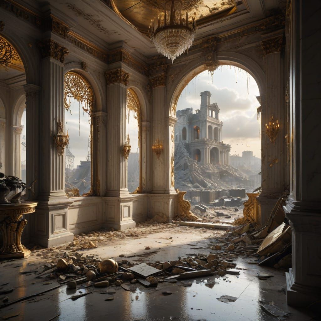 Elegance Amidst Devastation in Opulent Mansion Scene