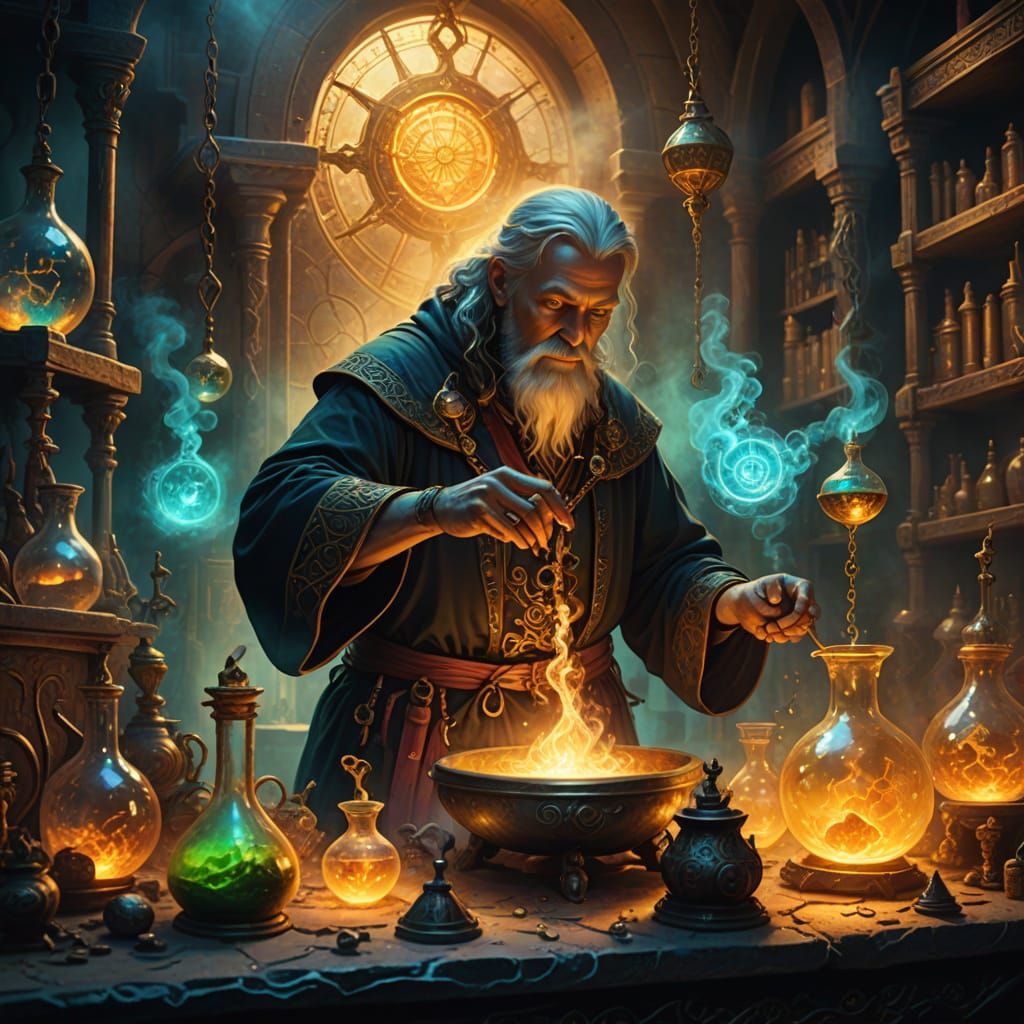 Mystical Alchemist Mixing Souls in Fantasy Lab