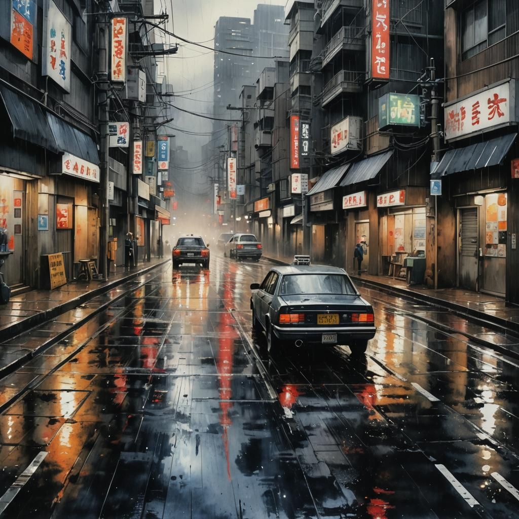 Post-Apocalyptic Tokyo Street in Moody Watercolor
