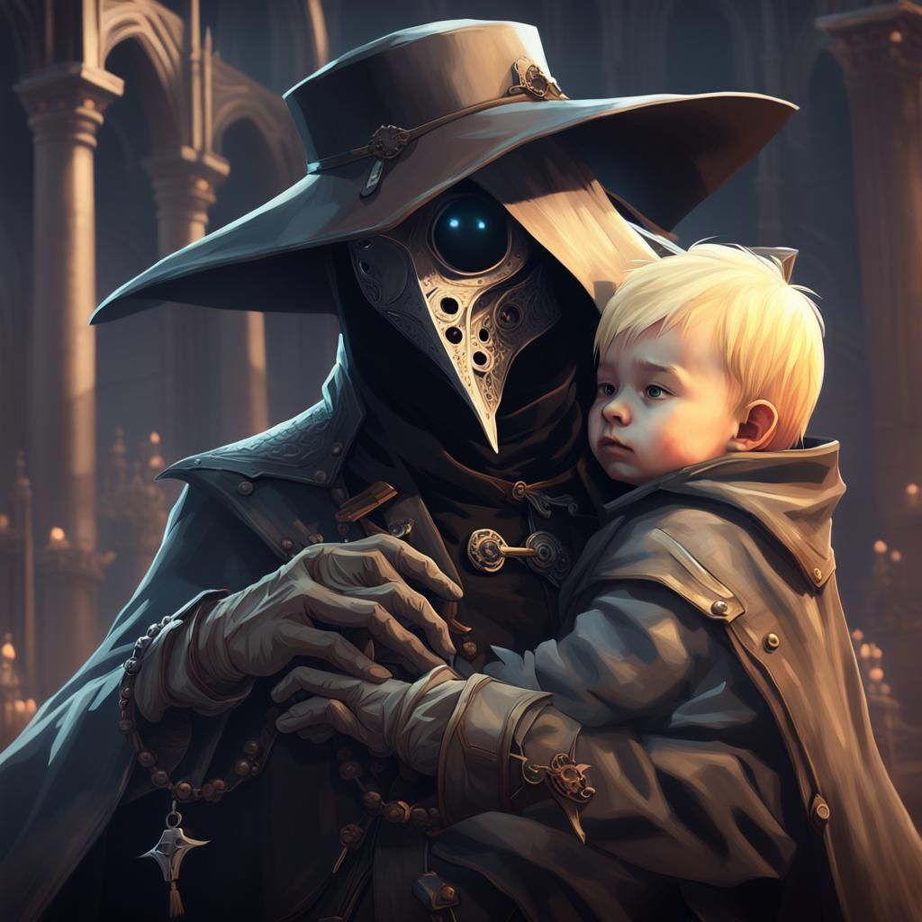 Plague Doctor and Child in Anime Style