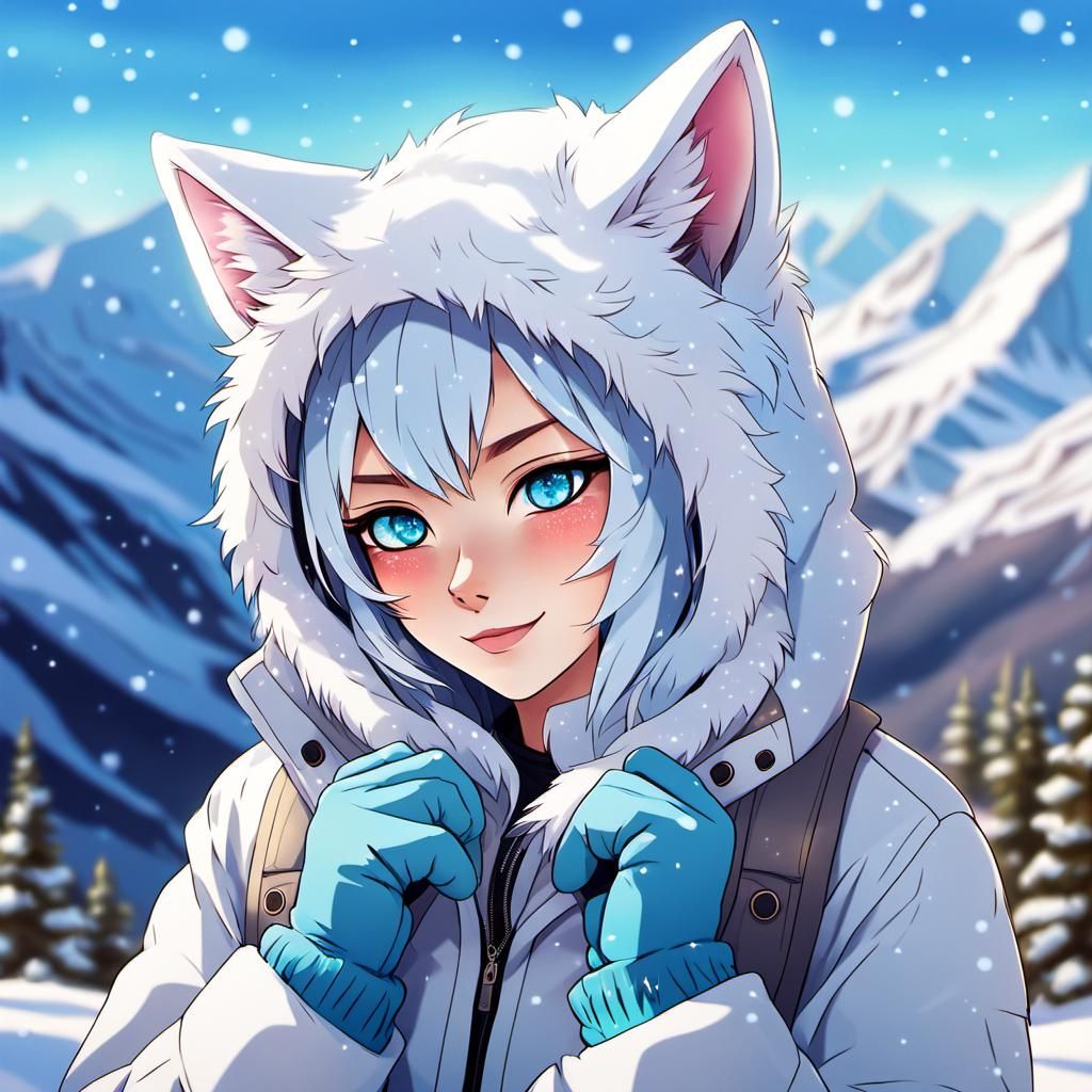 Anime Catgirl Alaska in Snowy Mountains