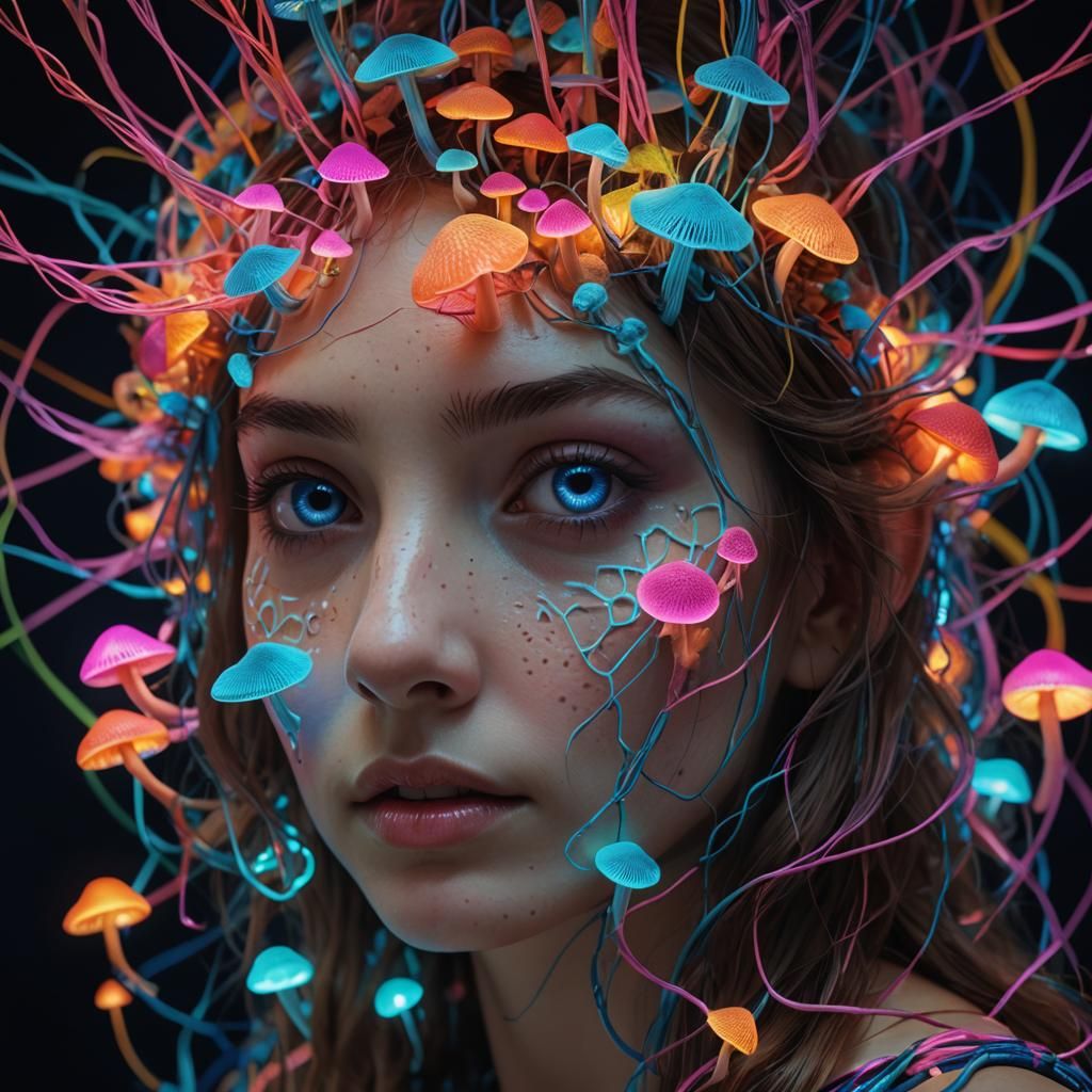 Surreal Woman with Mushroom Growths in Electric Light