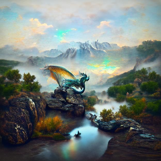 Dragon in Opalescent Mountain River Landscape