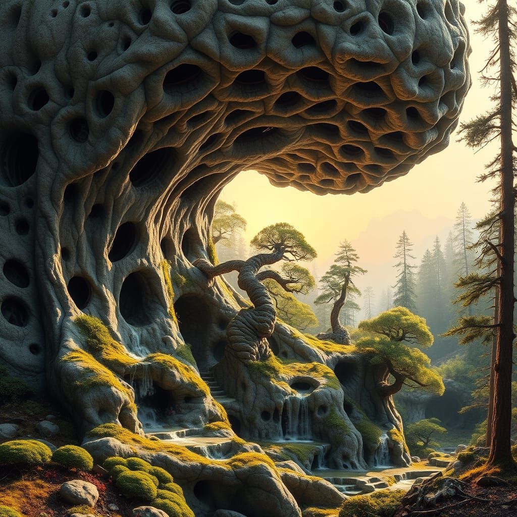 Majestic Bonsai Garden Amidst Fractal Cliffs