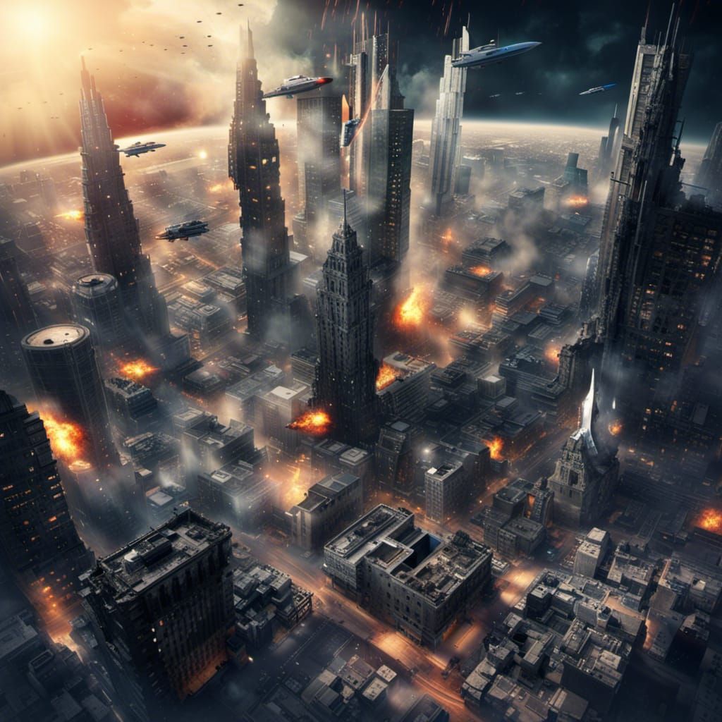 City Under Attack by Spaceships in Hyperrealistic Style