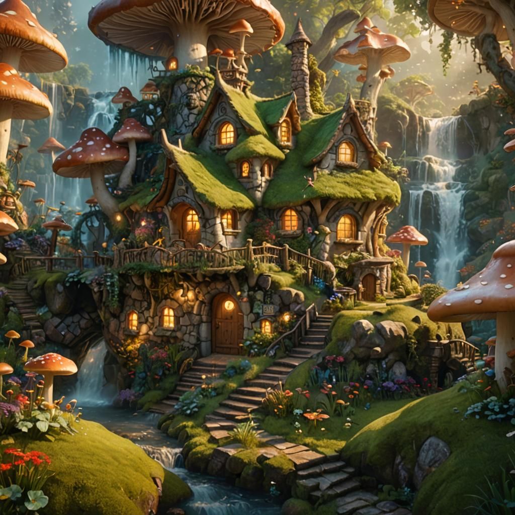 Mushroom House with Waterfall Garden and Magical Fairies