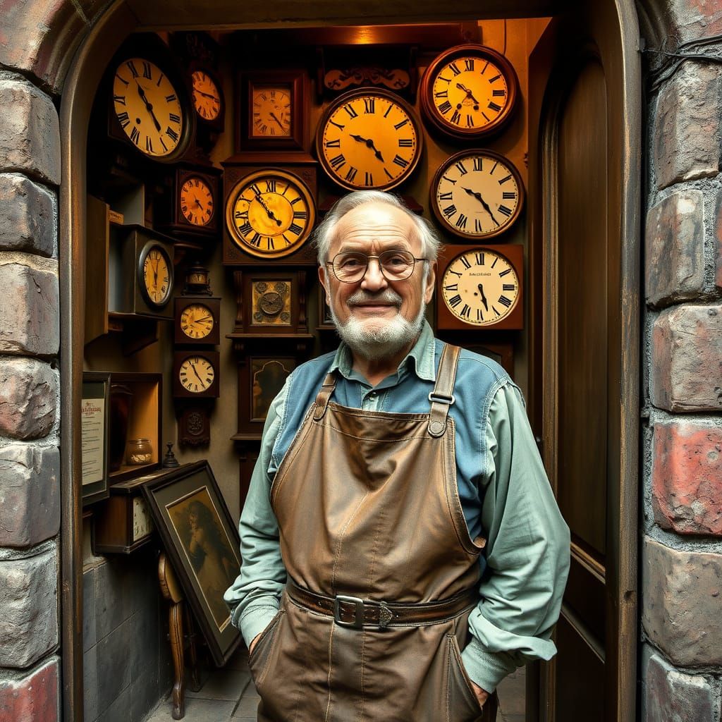 Clockmaker in Alley Shop, Medieval Realism Style