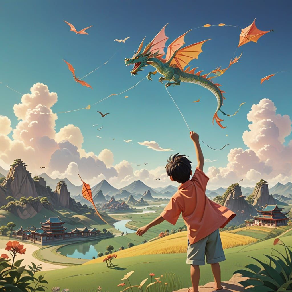 Child Holds Dragon Kite in Ghibli Paper-Cut Sky
