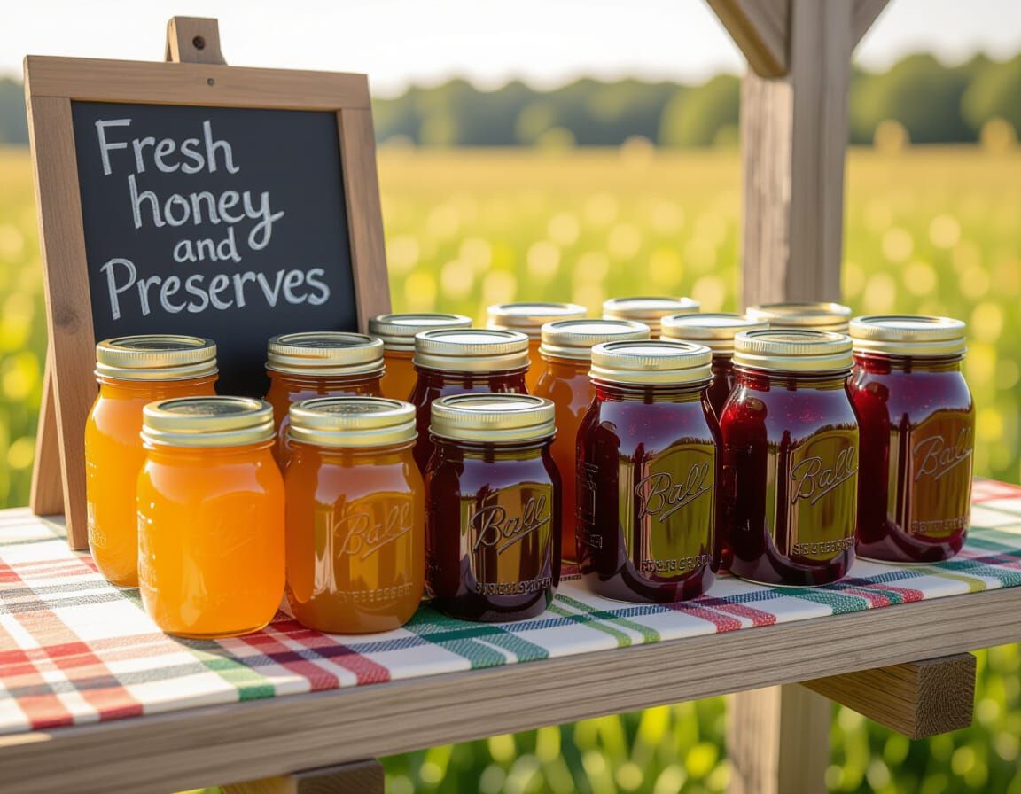 Farmstand Table with Fresh Honey and Preserves
