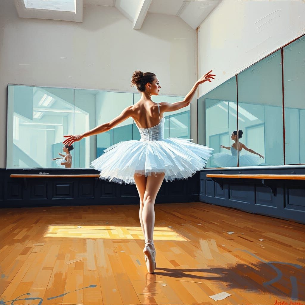 Ballerina Dancing in Studio as Impasto Painting