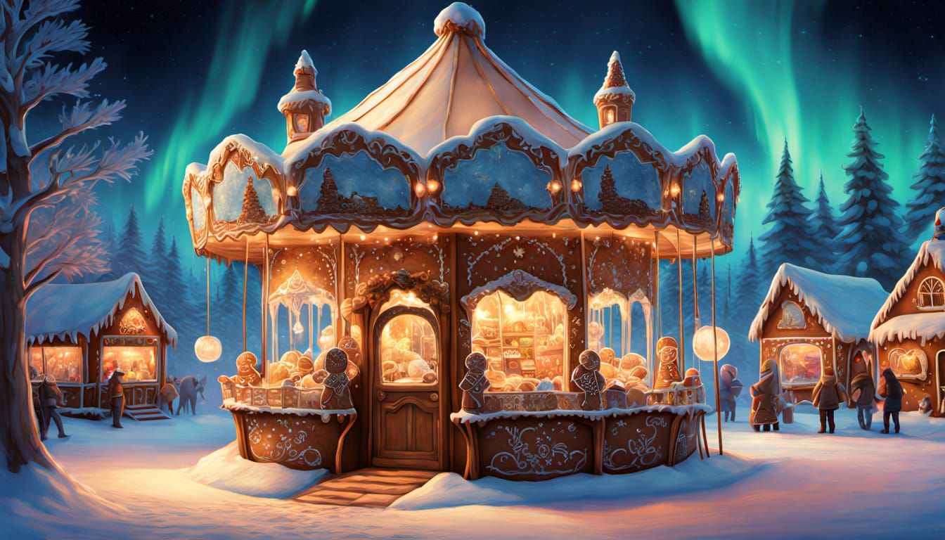 Magical Winter Carousel in Snow Globe Village