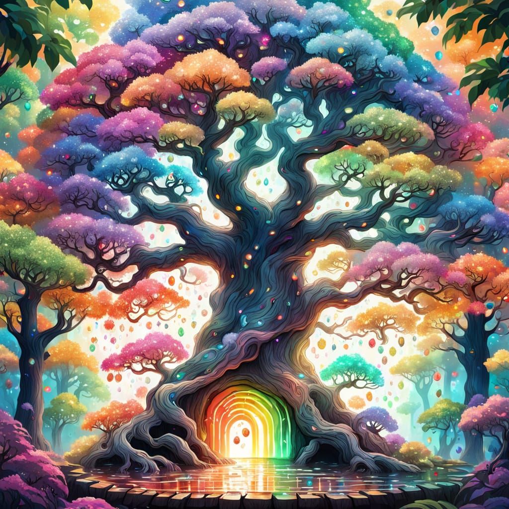 Magical Giant Tree with Leopard Bark and Rainbow Leaves