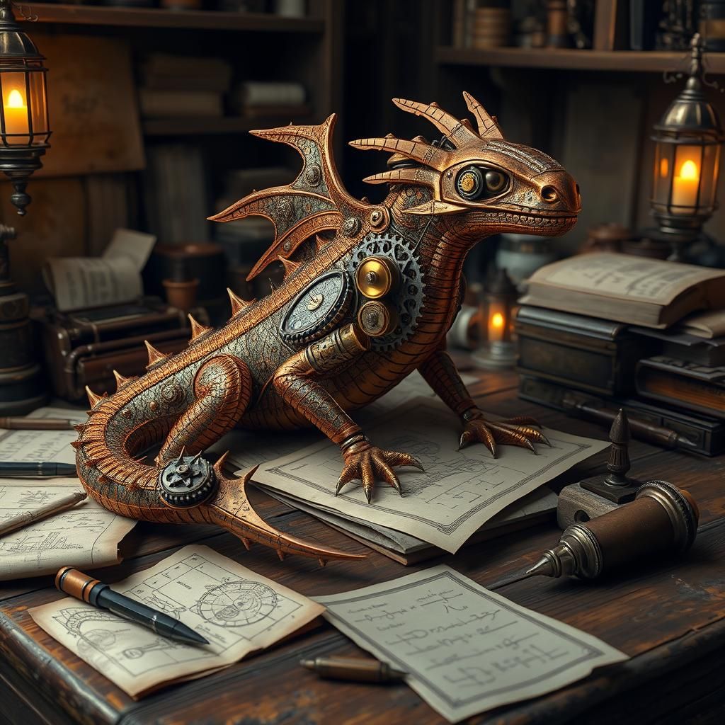 Steampunk Salamander Automaton on Victorian Desk