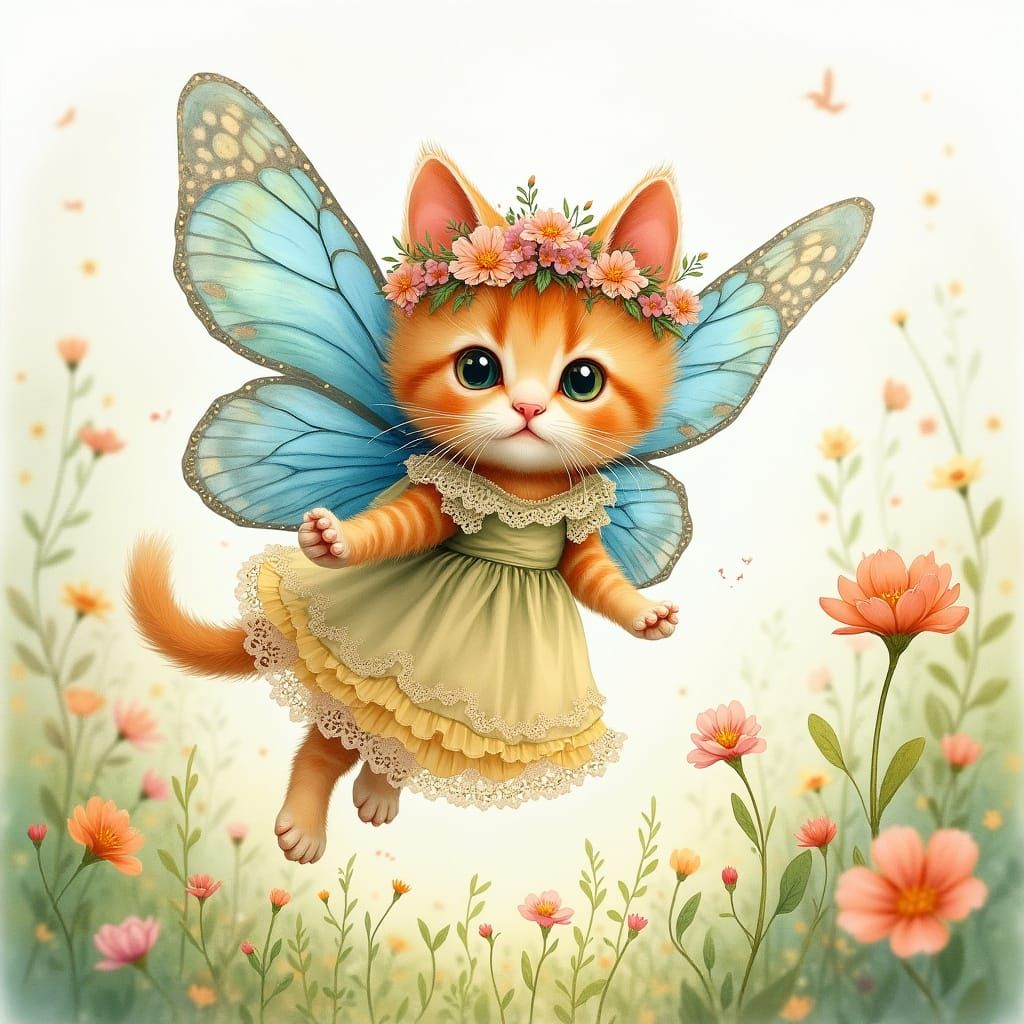 Kitten-Butterfly Hybrid in Watercolor Meadow