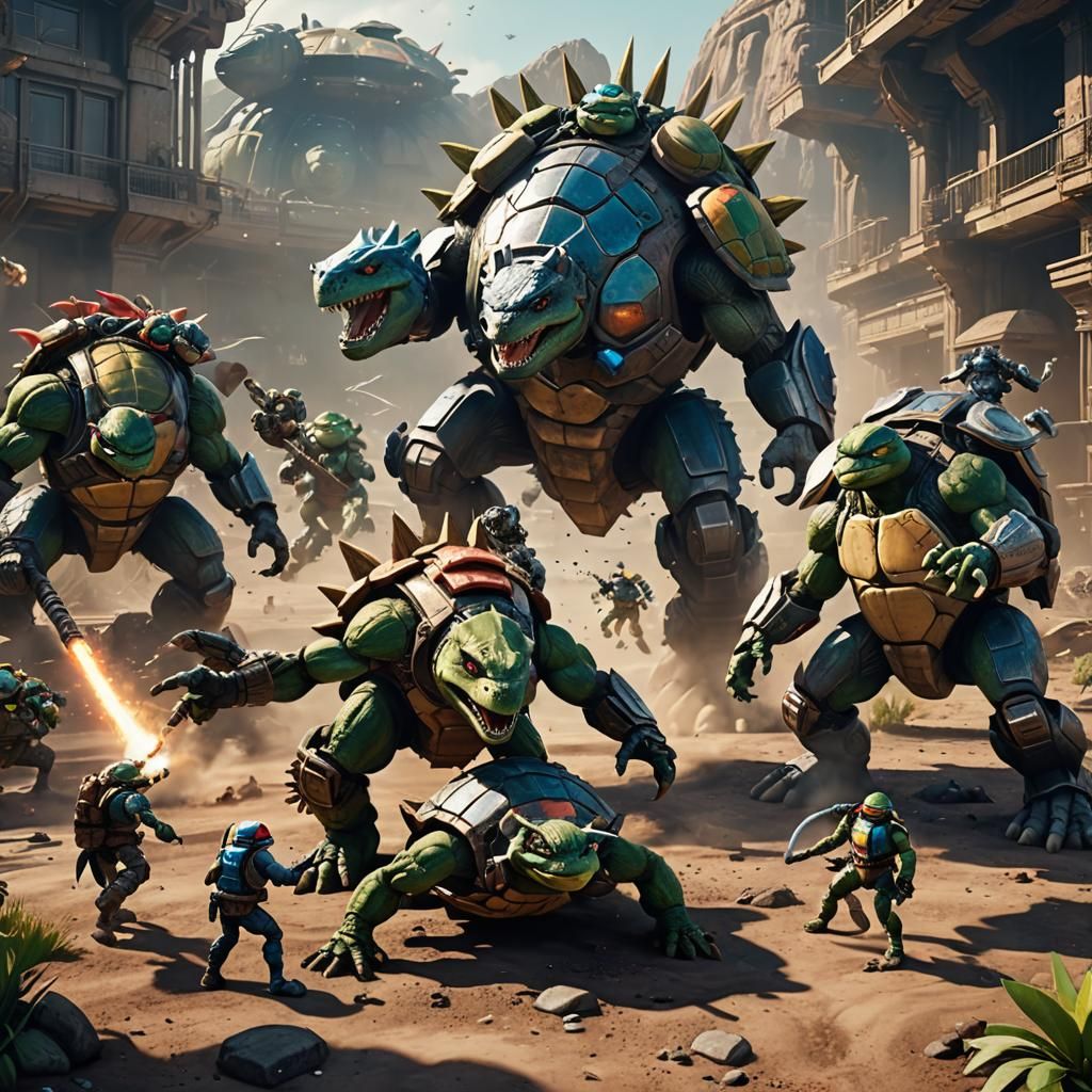 Stegosaurus vs Ninja Turtles on Gas Giant