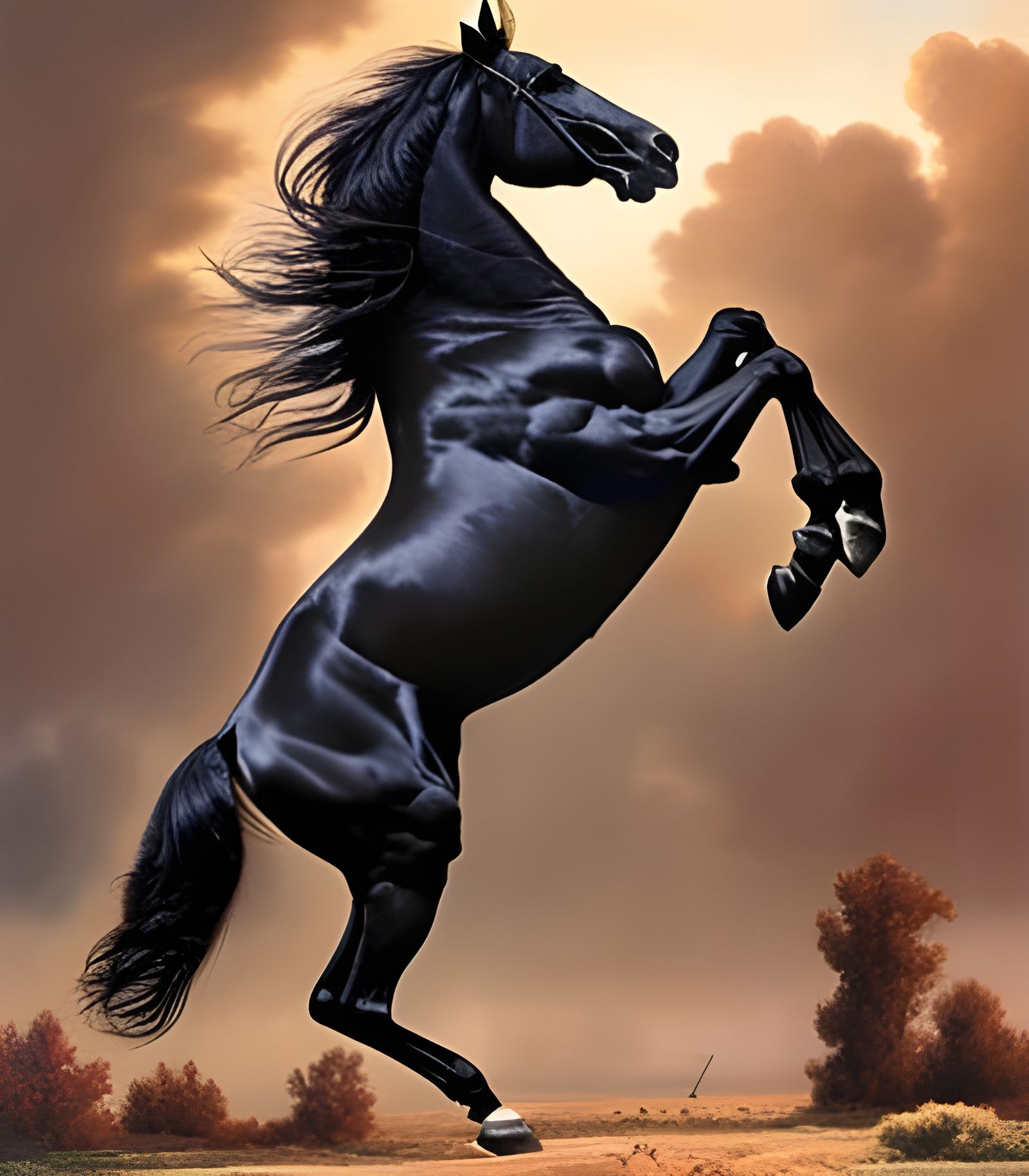 Glossy Black Horse Rearing Up as Oil Painting