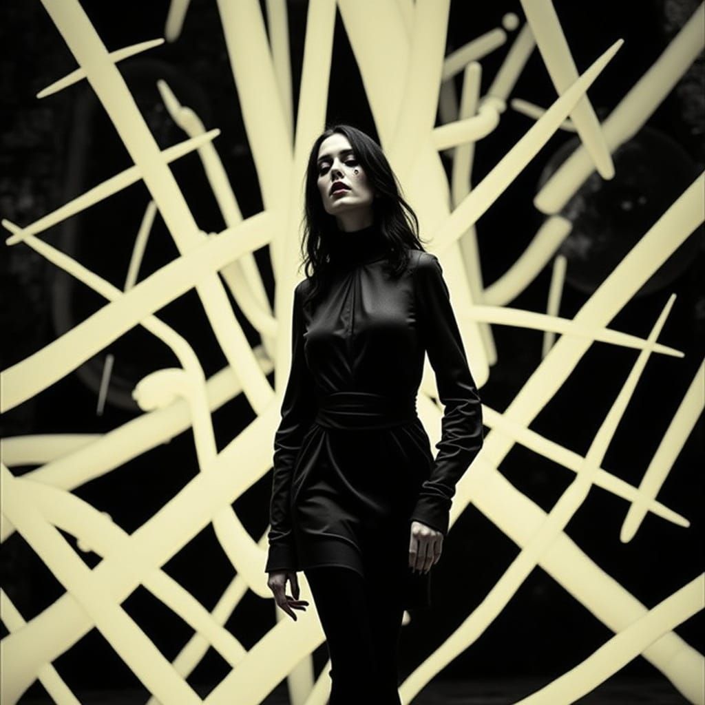 Goth Fashion Model Amidst Neon, Glass, and Metal in Vorticis...