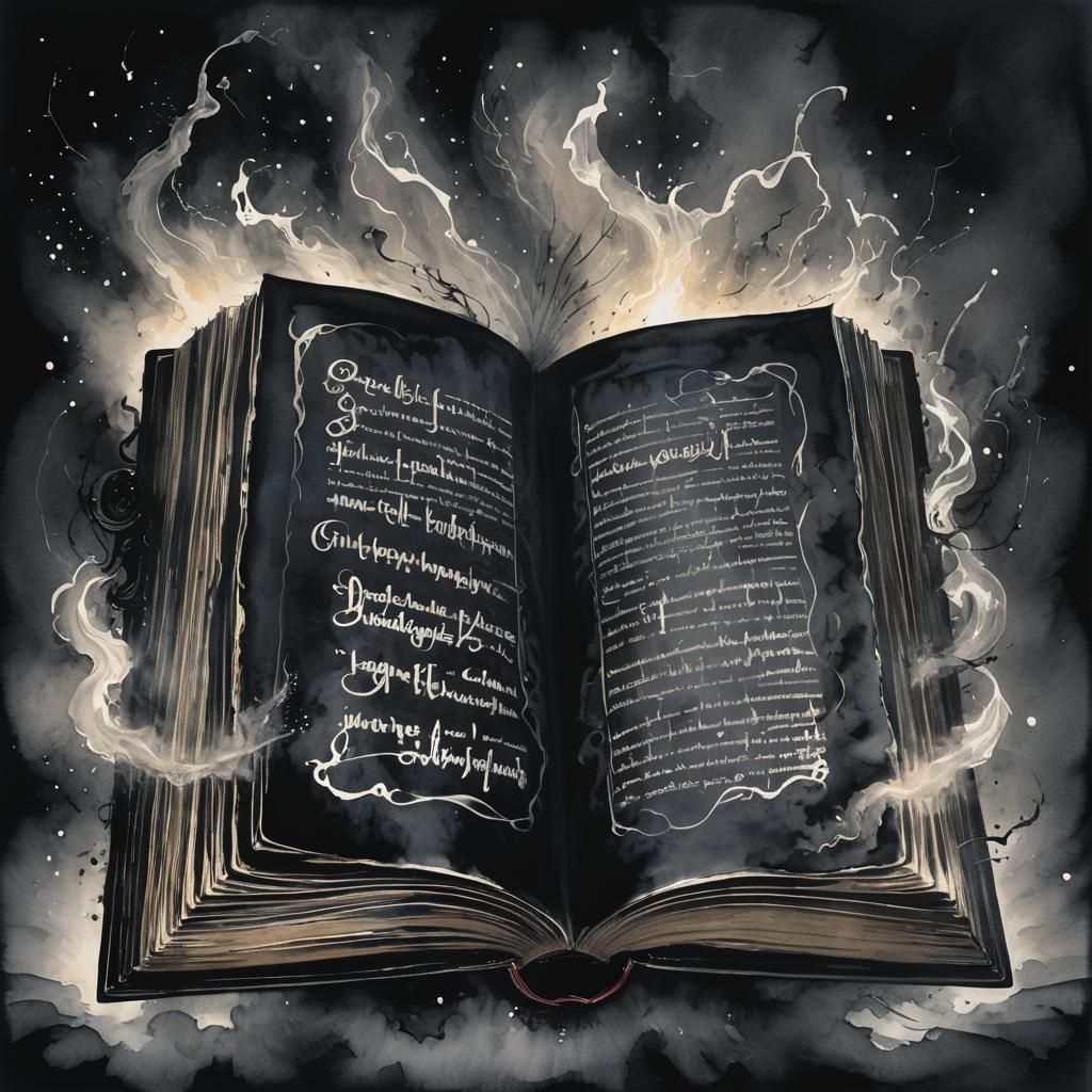 Sinister Book Surrounded by Mist in Expressionistic Ink Pain...
