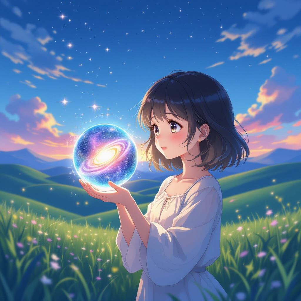 Anime Girl Holds Miniature Universe in Ethereal Landscape