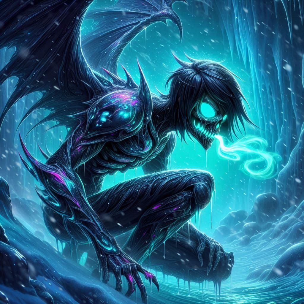 Bioluminescent Reaper with Crystal Skull in Ice Cave