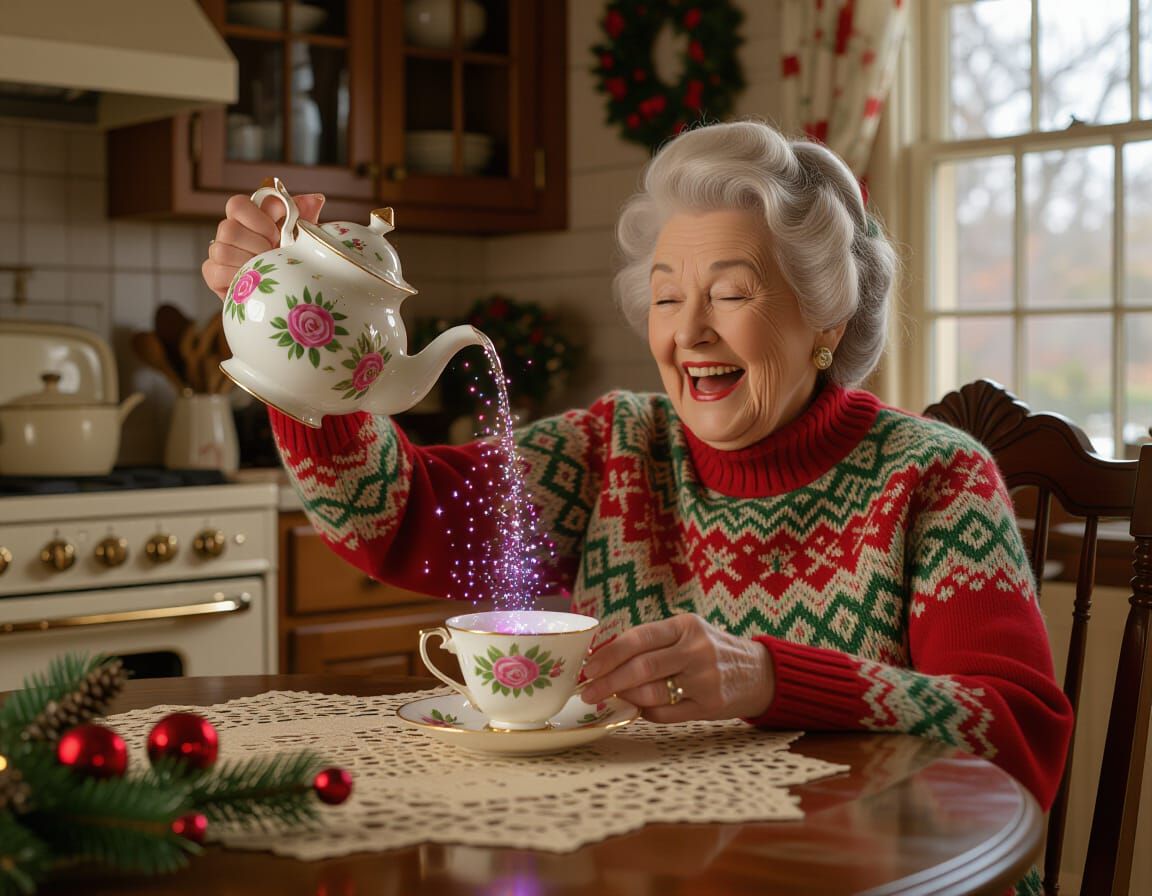 Magical Teapot Pouring Sparkles with Laughing Woman