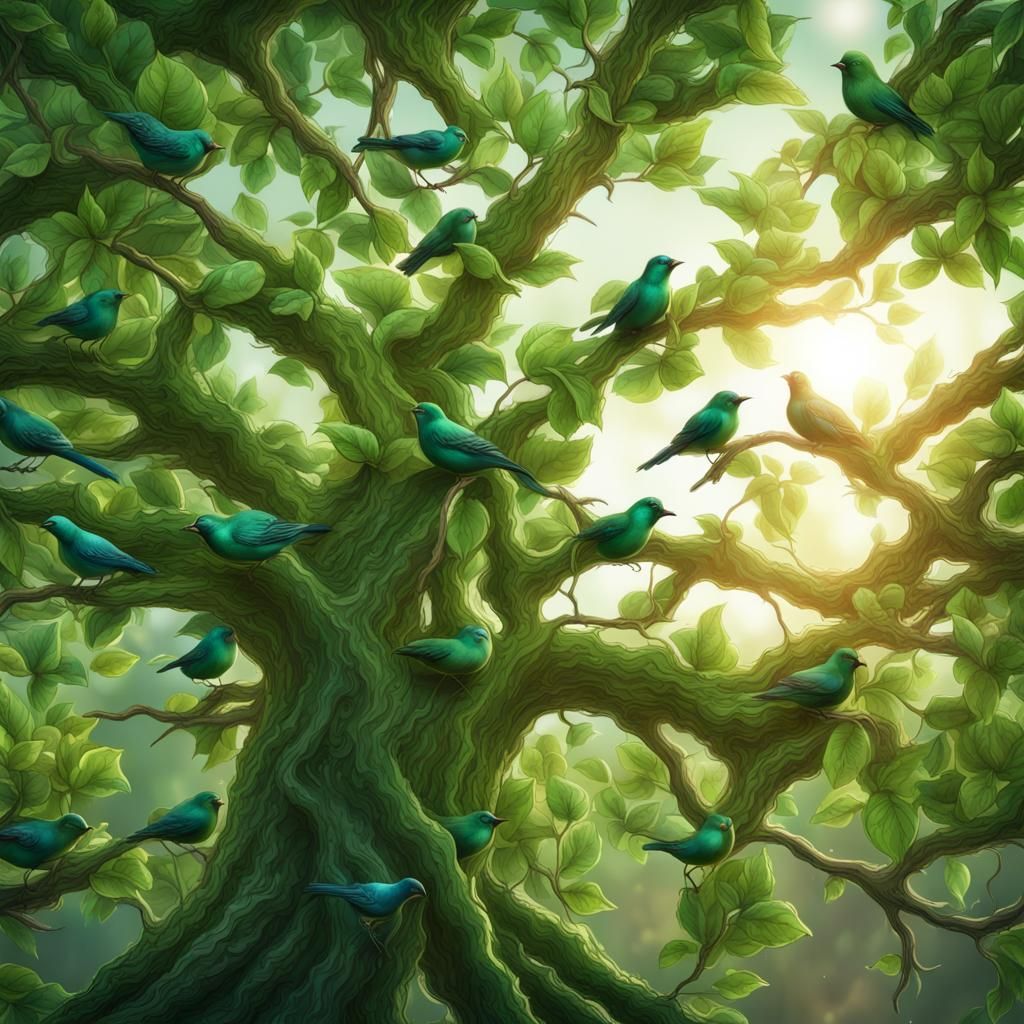 Ornamental Tree with Birds: Detailed Matte Painting