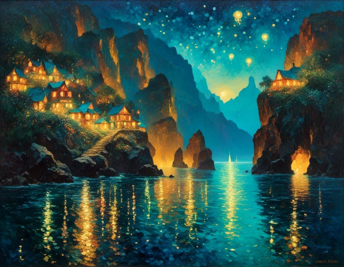Mystical Pirate Cove at Midnight: Neoimpressionist Painting