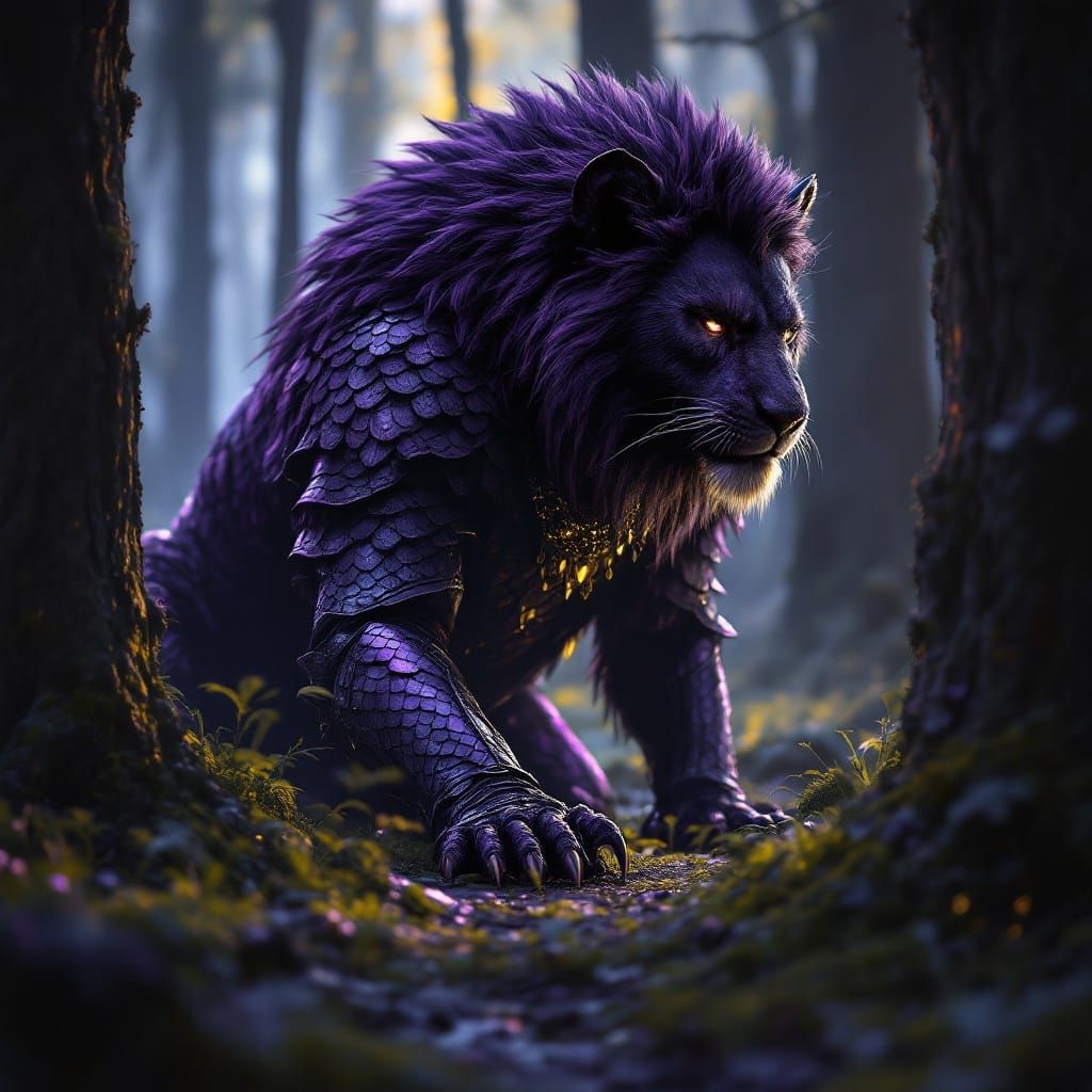 Majestic Shadow Lioness Stalks Prey in Dark Fantasy Realm