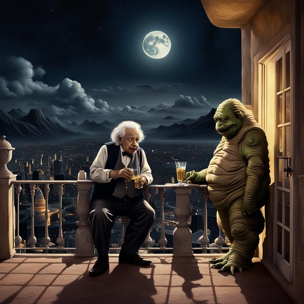 Einstein and Jabba Enjoy Moonlit Drinks