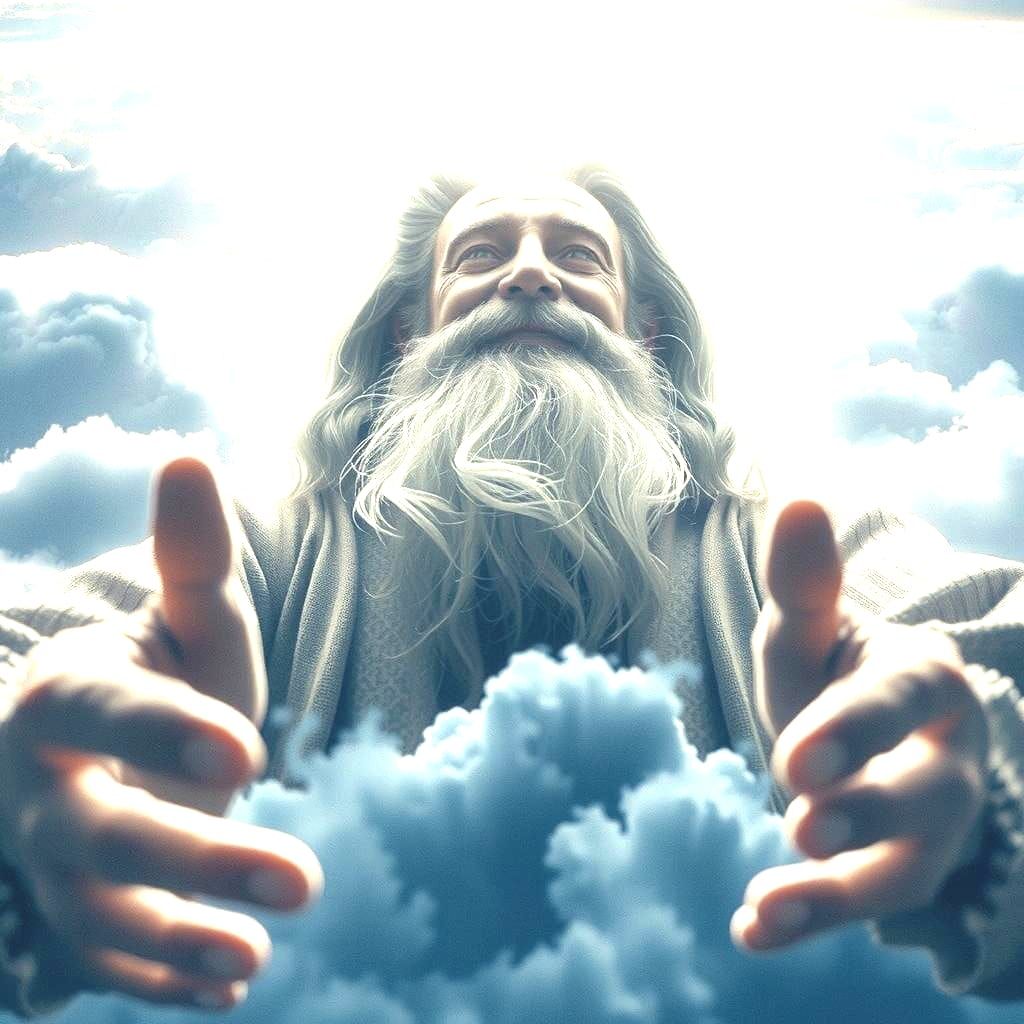 Photorealistic God with Praying Hands in Sky