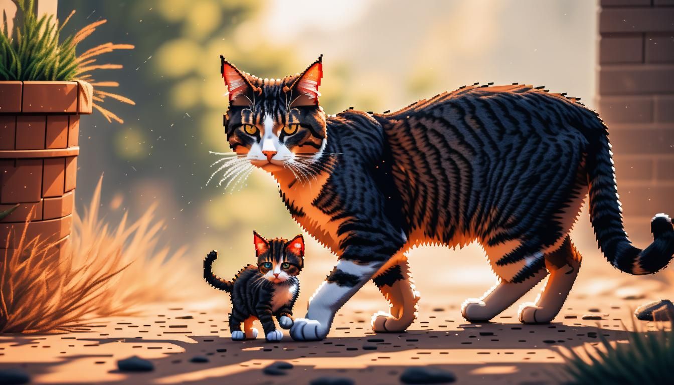 Pixel Art: Mother Cat Teaches Kitten to Hunt