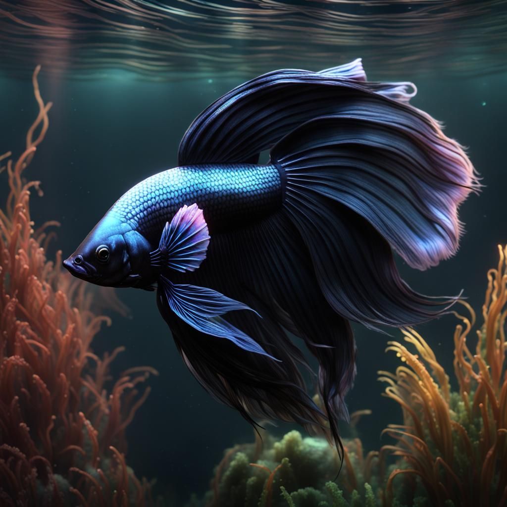 Holographic Betta Fish in Black Water: Digital Painting