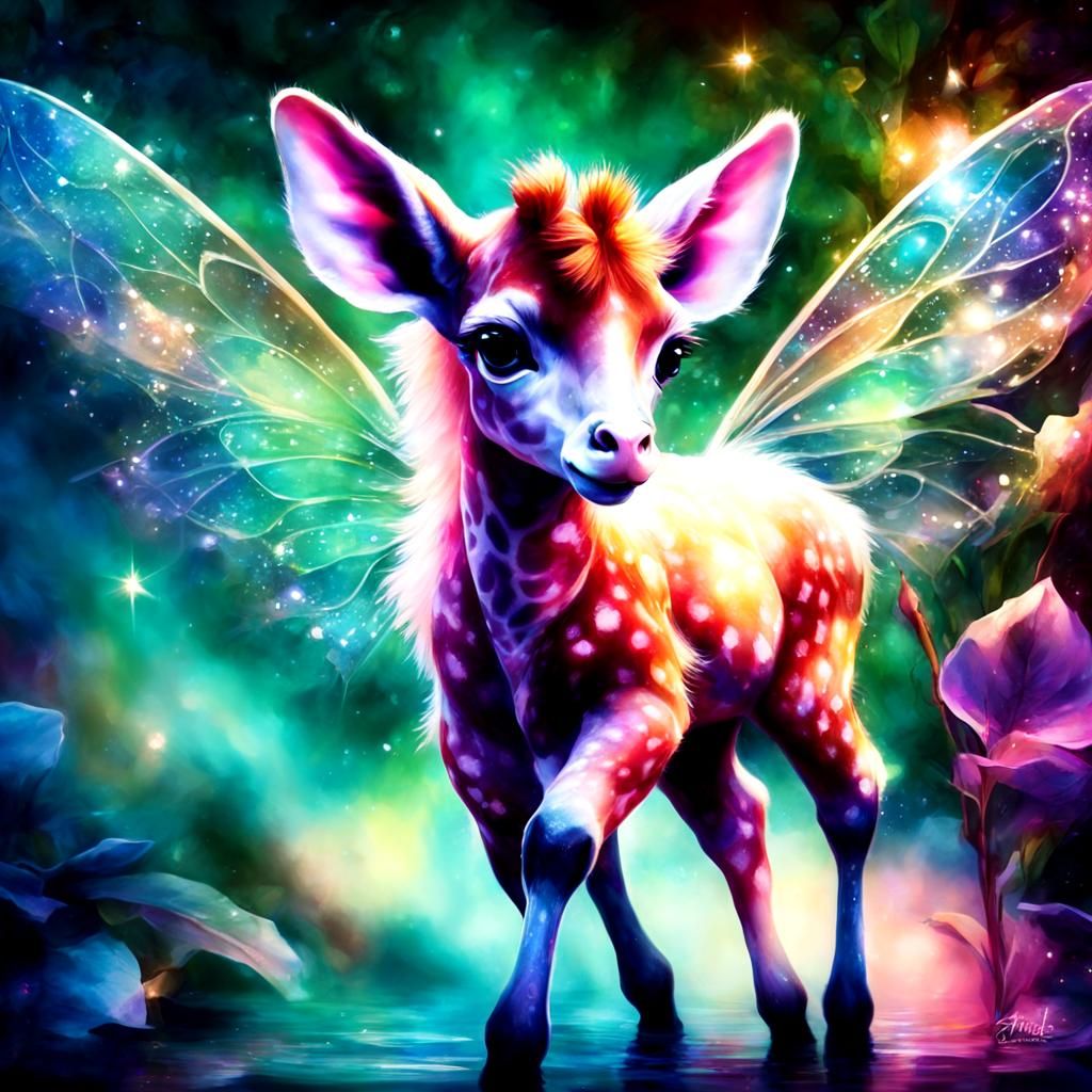 Giraffe Fairy in Whimsical Mixed Media Illustration